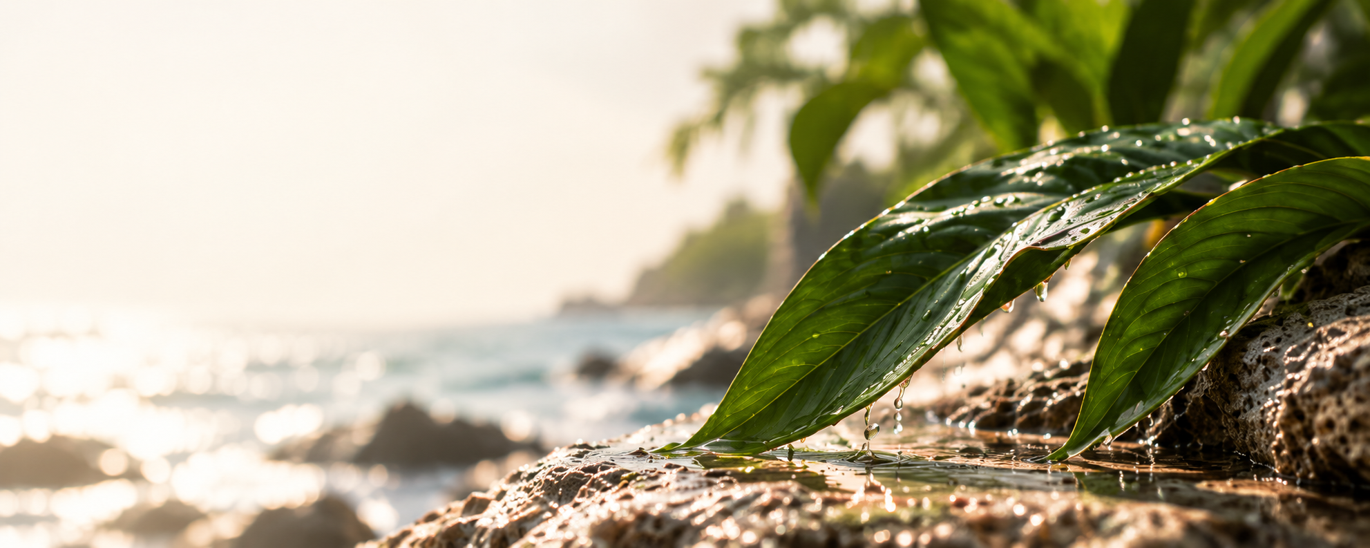 Tropical leaves and sunlit water on a stone shoreline