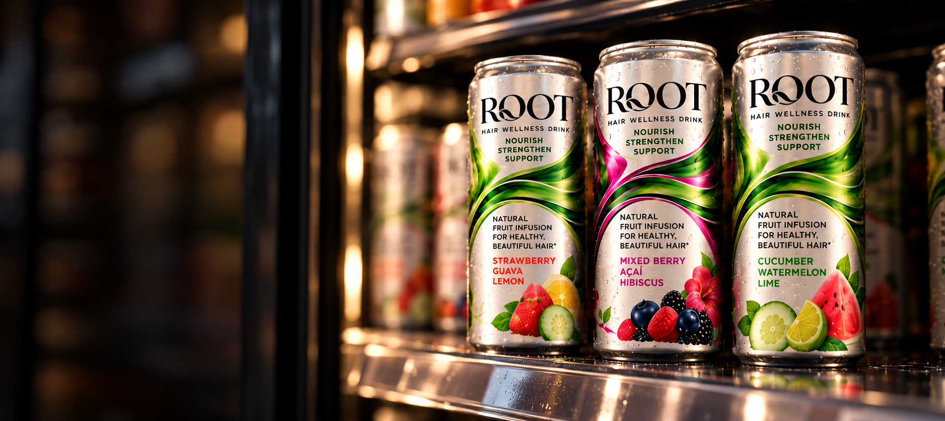 ROOT Hair Wellness Drink cans on a beverage shelf