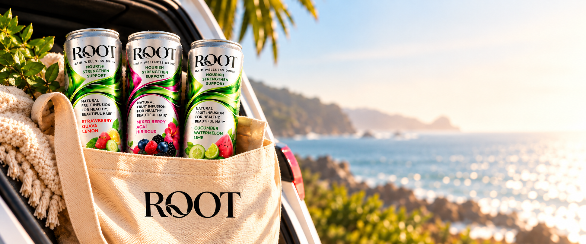 Three chilled ROOT cans in a canvas bag ready for a trip