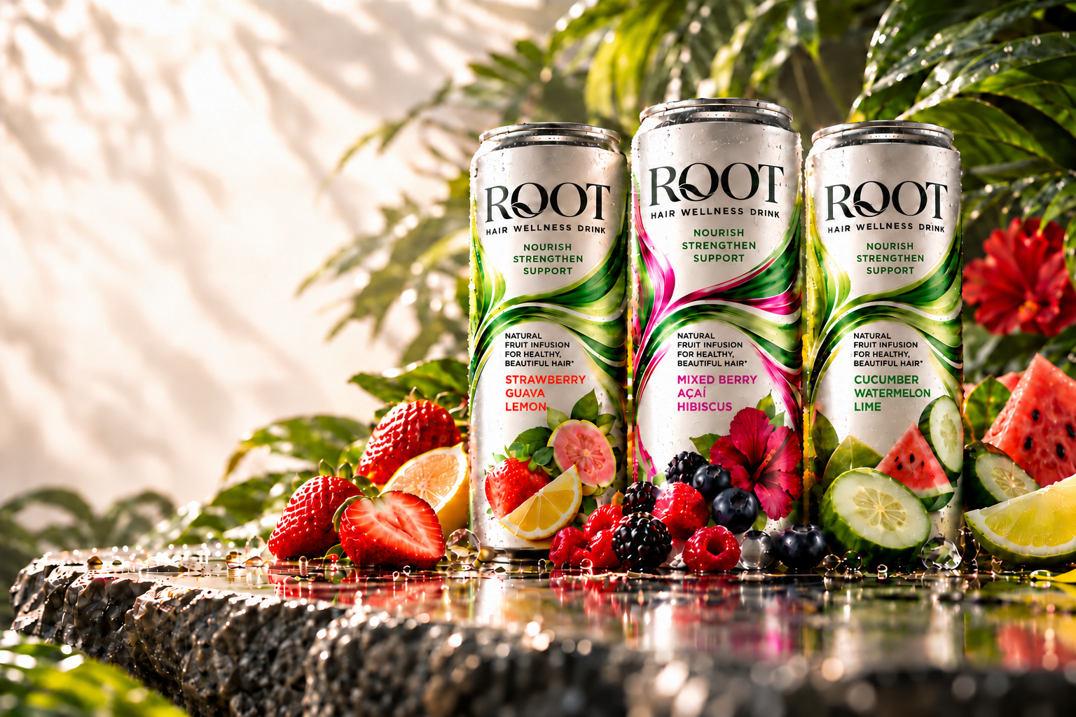 Three ROOT Hair Wellness Drink flavors on wet stone with fruit