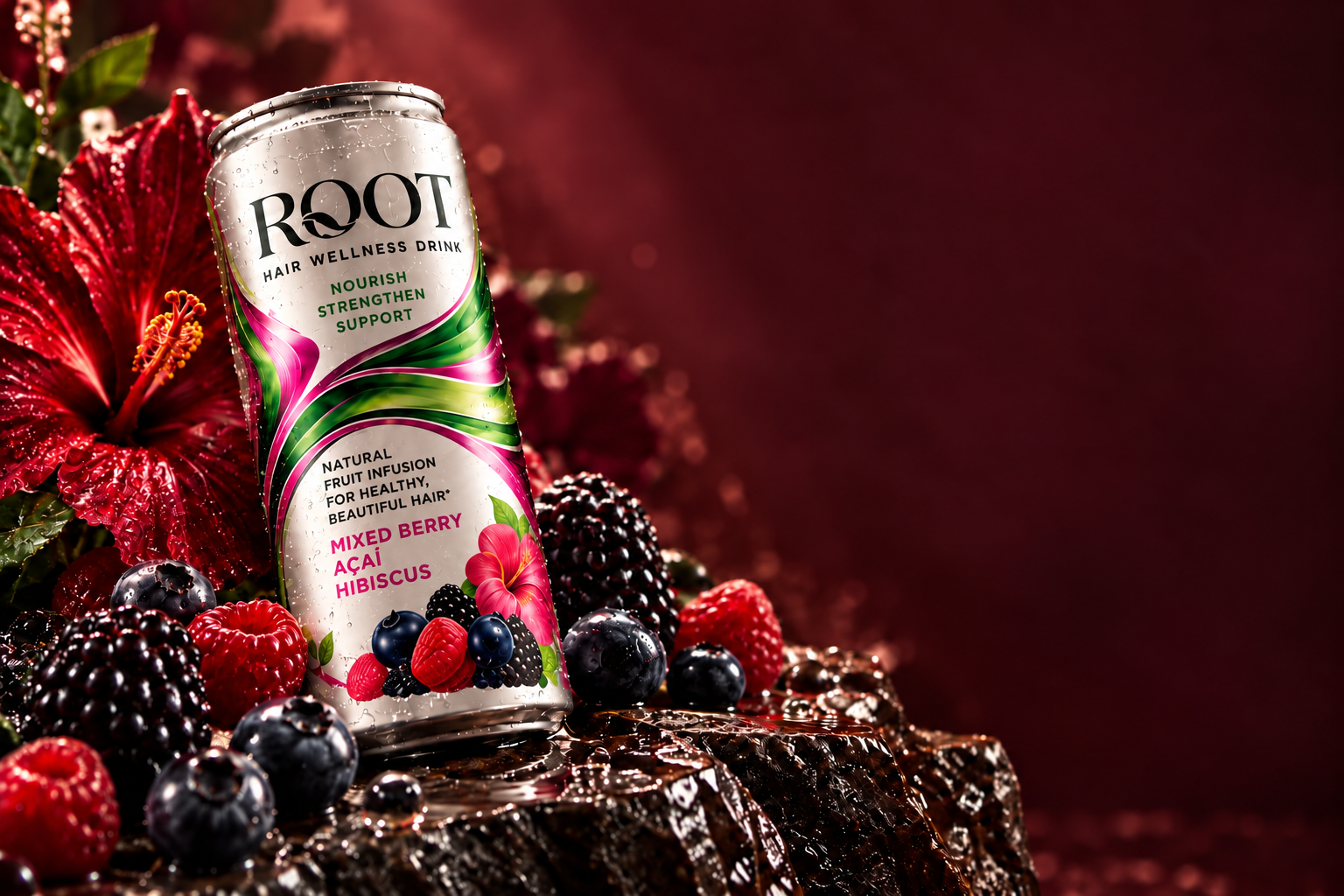 ROOT Mixed Berry Açaí Hibiscus can with berries on a stone ledge