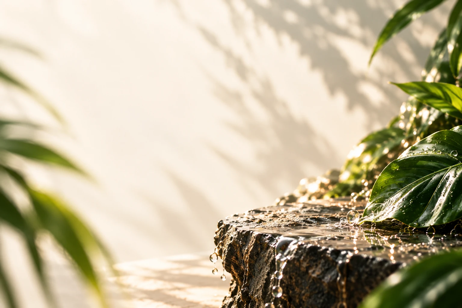 Sunlit stone and fresh leaves with water droplets