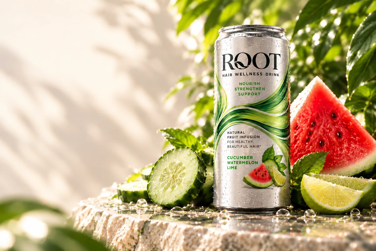 ROOT Cucumber Watermelon Lime can on sunlit stone with leaves