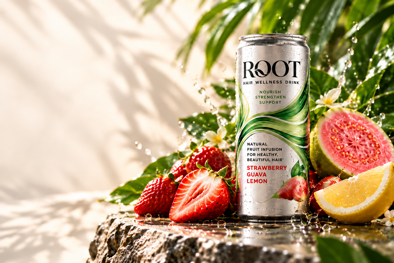 ROOT Strawberry Guava Lemon can among strawberries, guava and lemon on a wet stone ledge