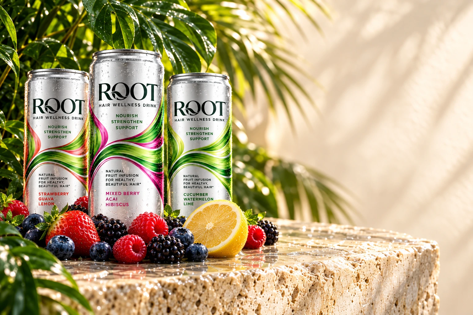 Three ROOT Hair Wellness flavors on sunlit stone with berries, cucumber, and lemon