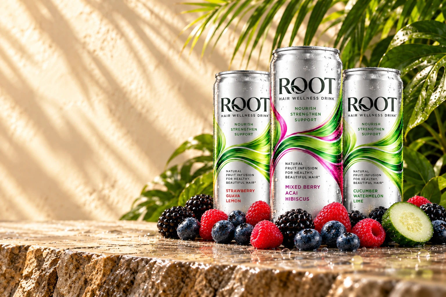 Three ROOT Hair Wellness cans with fresh fruit on sunlit stone