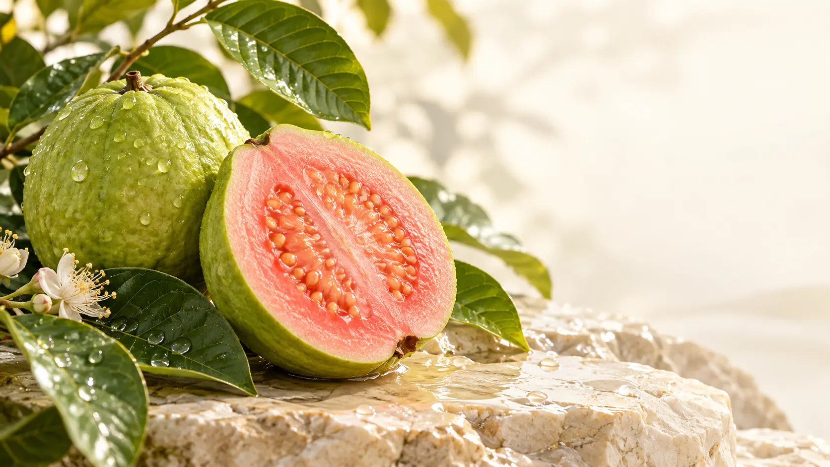 Pink guava cut open beside a whole green guava on stone