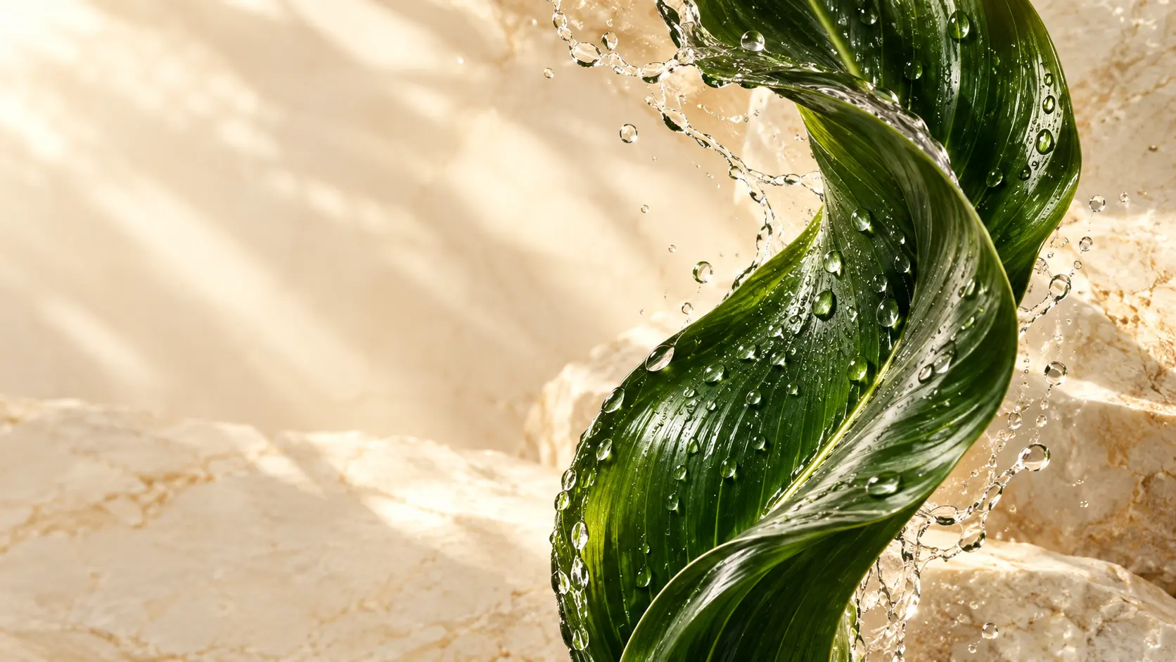 Glossy green leaf with water droplets in warm sunlight