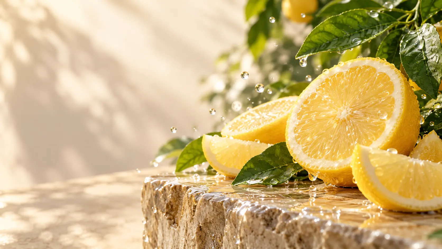 Fresh lemon slices with water droplets on sunlit stone