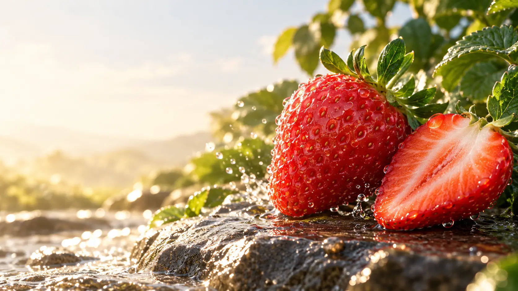 Fresh strawberry and sliced strawberry resting on wet stone