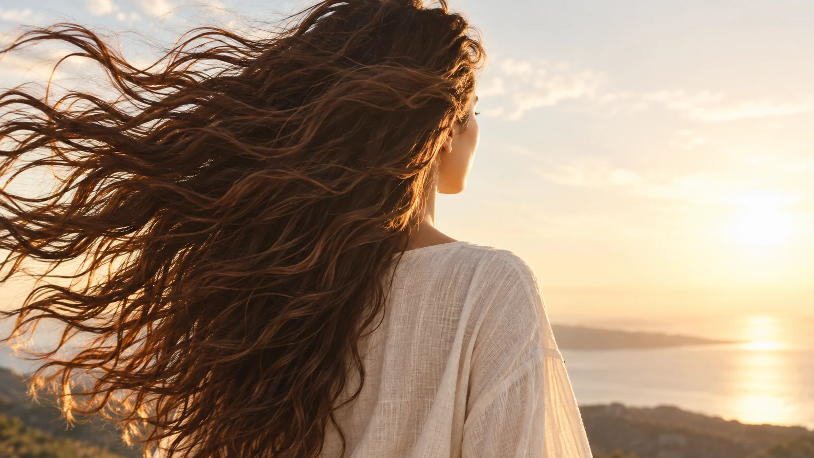 Woman with long flowing hair in warm sunlight