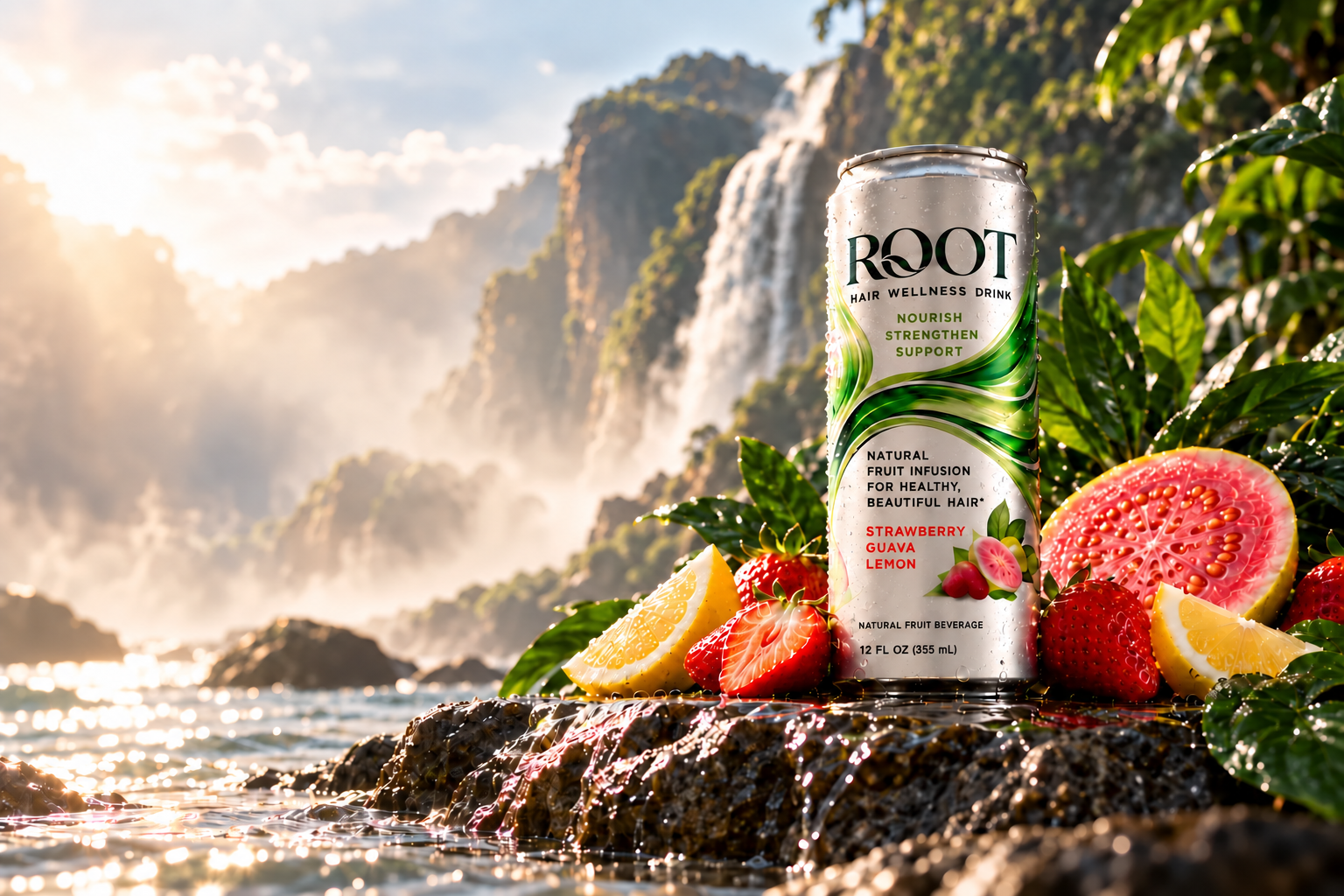 ROOT Strawberry Guava Lemon can standing among fresh fruit on wet stone by a waterfall