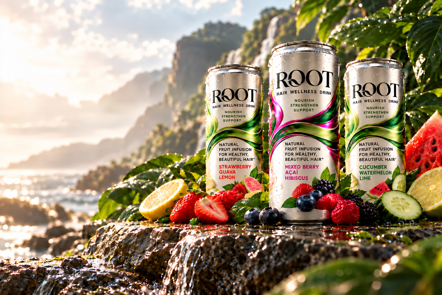 Three ROOT Hair Wellness Drink flavors resting together on wet stone with fruit