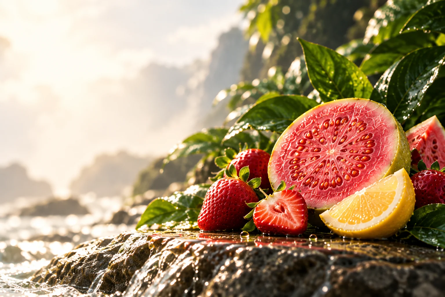 Fresh pink guava, strawberries and lemon on sunlit wet stone