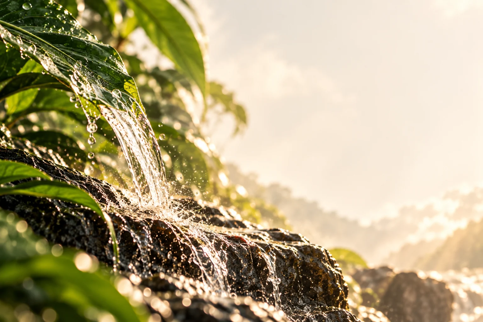 Clear water flowing from tropical leaves over sunlit stone