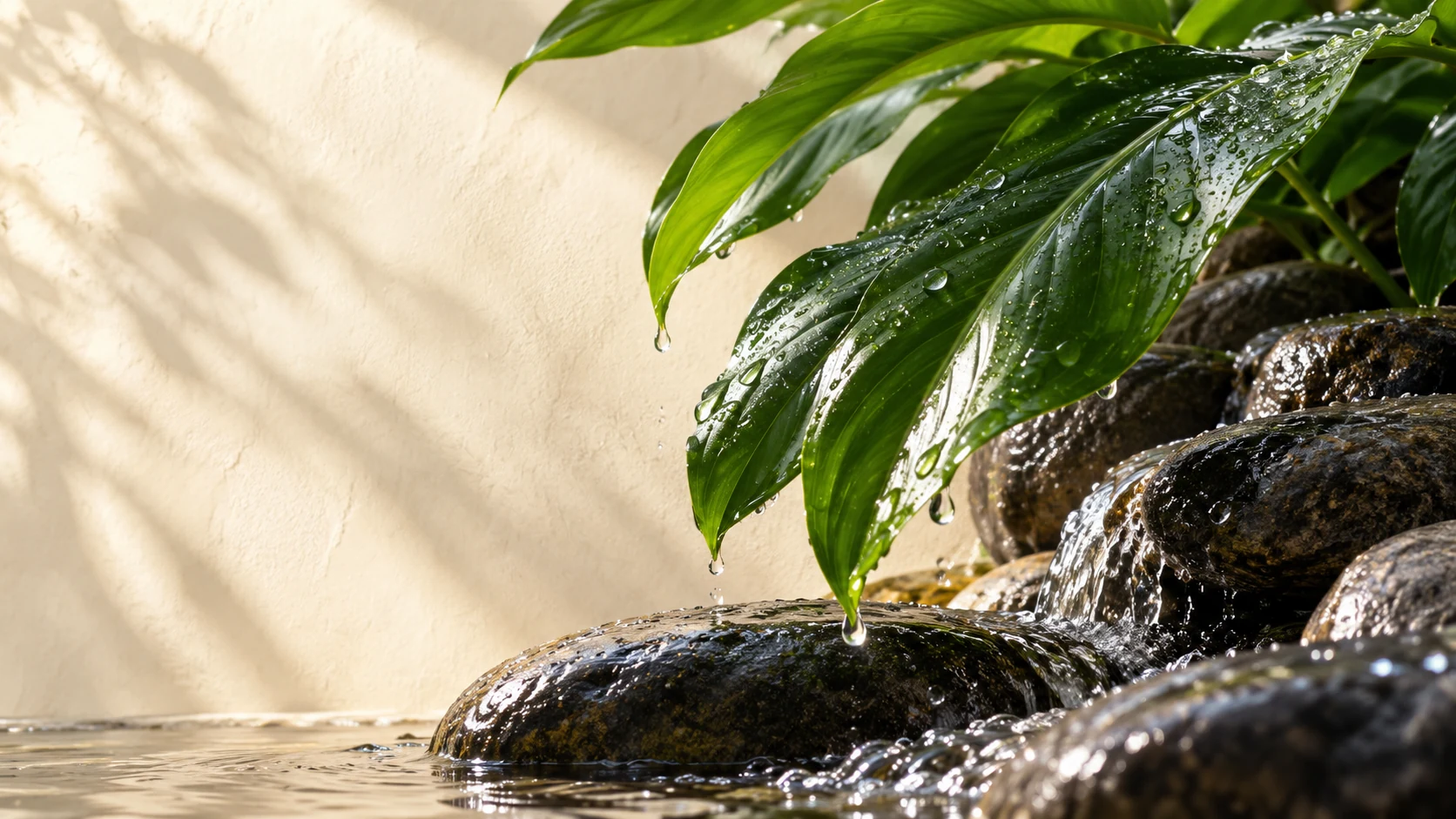 Fresh green leaves with water droplets over stone